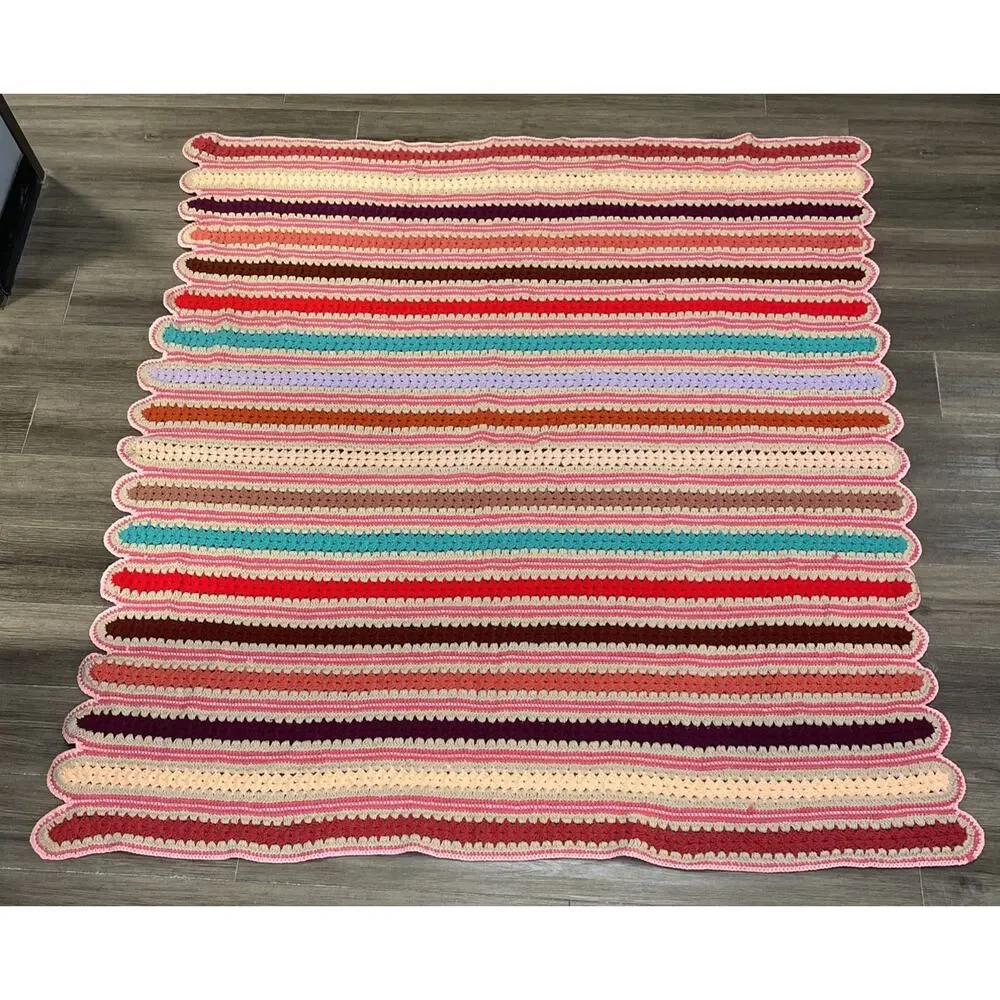 VTG 70s Handmade Crochet Afghan Blanket Striped Pink Retro Boho 65 X 79